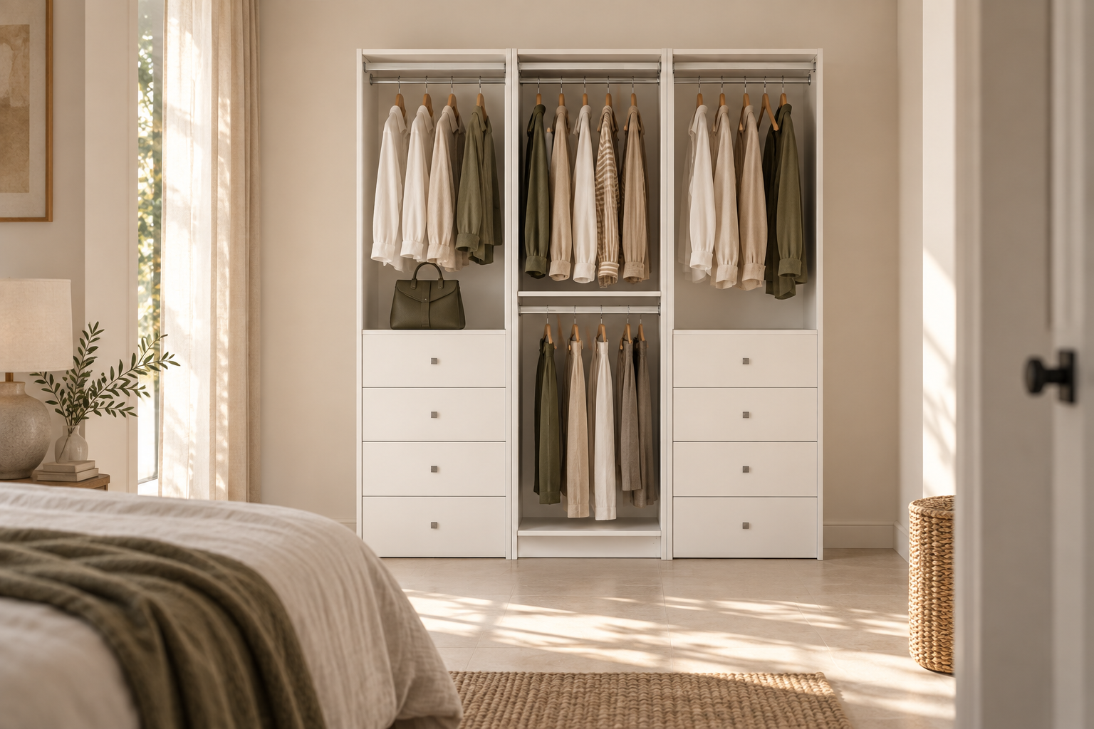 An organized wardrobe in a naturally lit bedroom