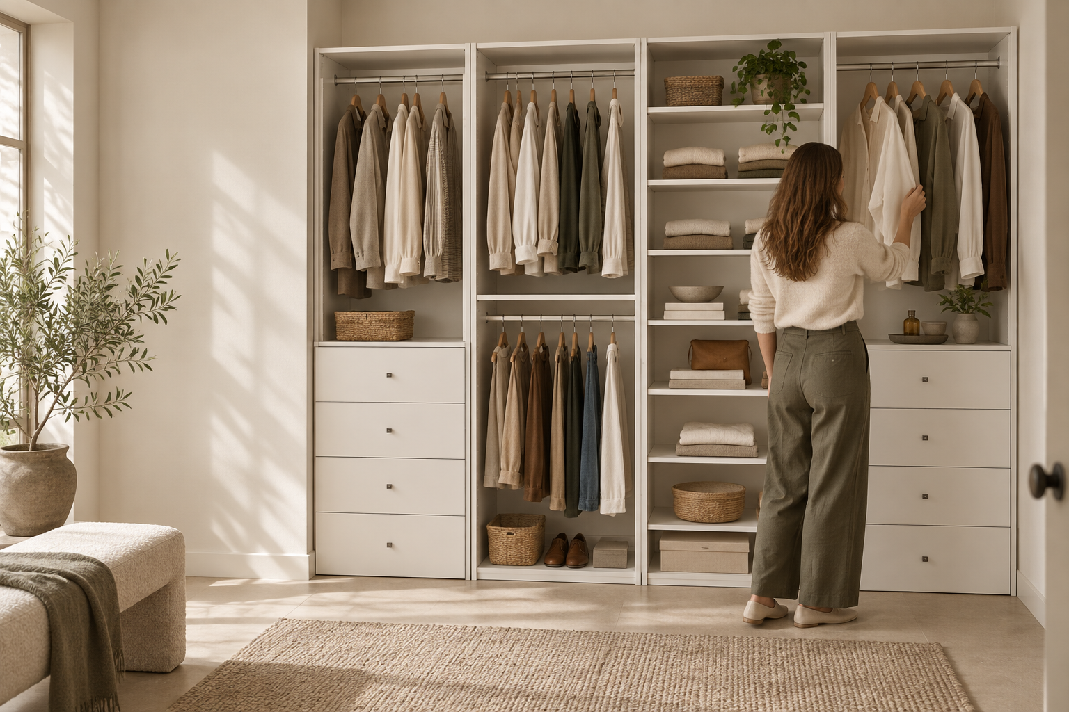 A calm, sunlit closet integrated into a lived-in bedroom