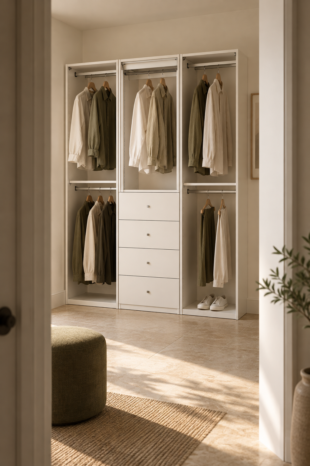 A quiet closet seen through a sunlit doorway